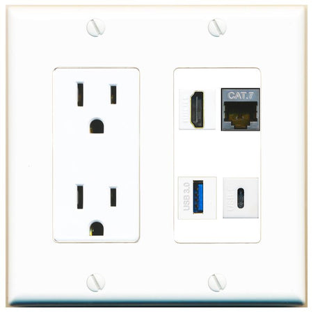 RiteAV CAT7 HDMI USB-3 USBC Wall Plate with 15A Power Outlet [White]