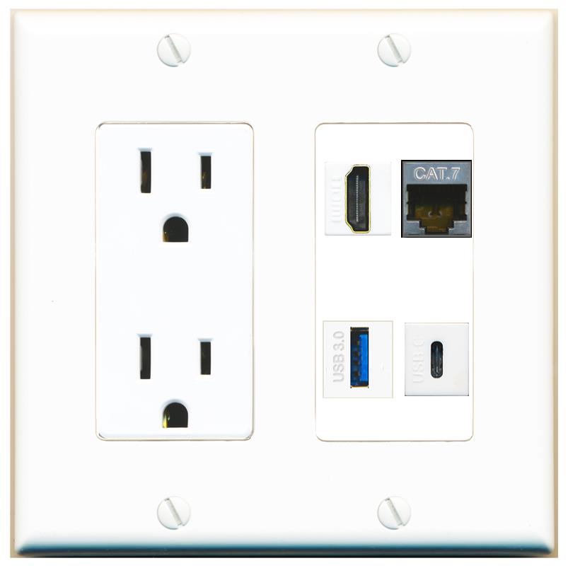 RiteAV CAT7 HDMI USB-3 USBC Wall Plate with 15A Power Outlet [White]