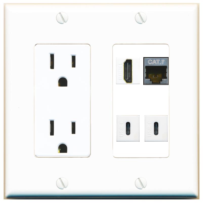 RiteAV CAT7 HDMI 2 USBC Wall Plate with 15A Power Outlet [White]
