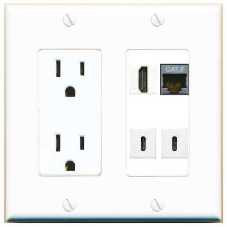 RiteAV CAT7 HDMI 2 USBC Wall Plate with 15A Power Outlet [White]