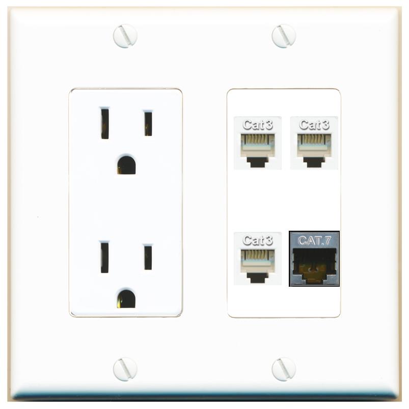 RiteAV CAT7 3 PHONE Wall Plate with 15A Power Outlet [White]