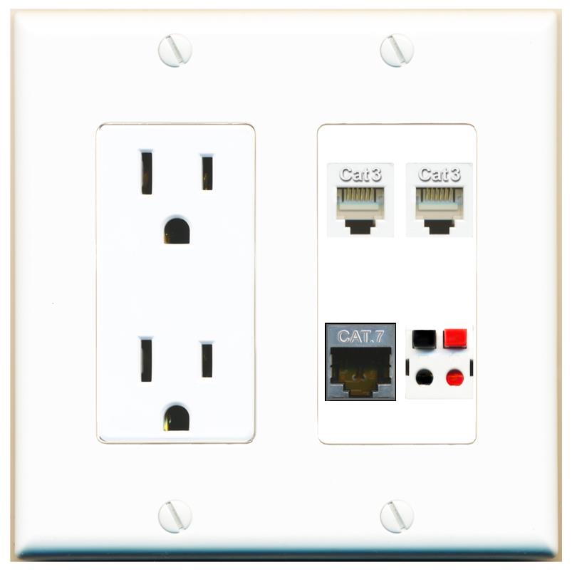 RiteAV CAT7 2 PHONE SPEAKER Wall Plate with 15A Power Outlet [White]