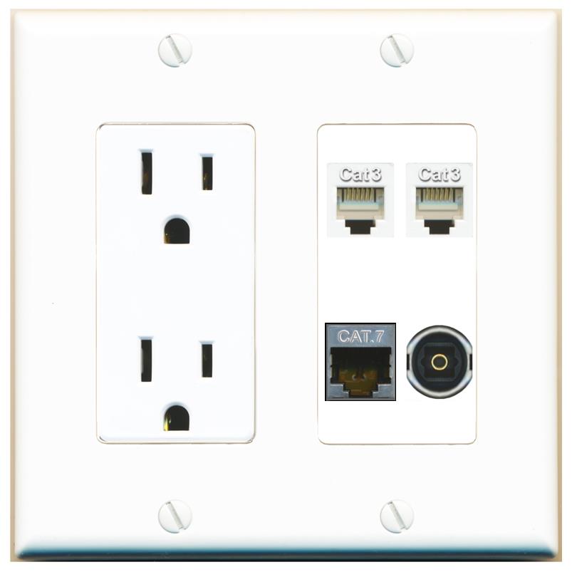 RiteAV CAT7 2 PHONE TOSLINK Wall Plate with 15A Power Outlet [White]