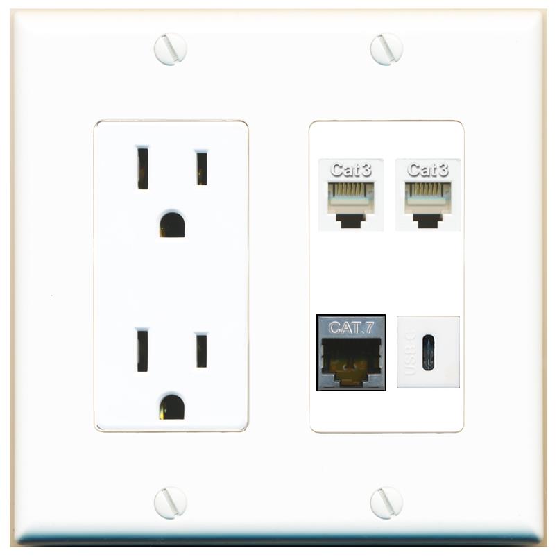 RiteAV CAT7 2 PHONE USBC Wall Plate with 15A Power Outlet [White]
