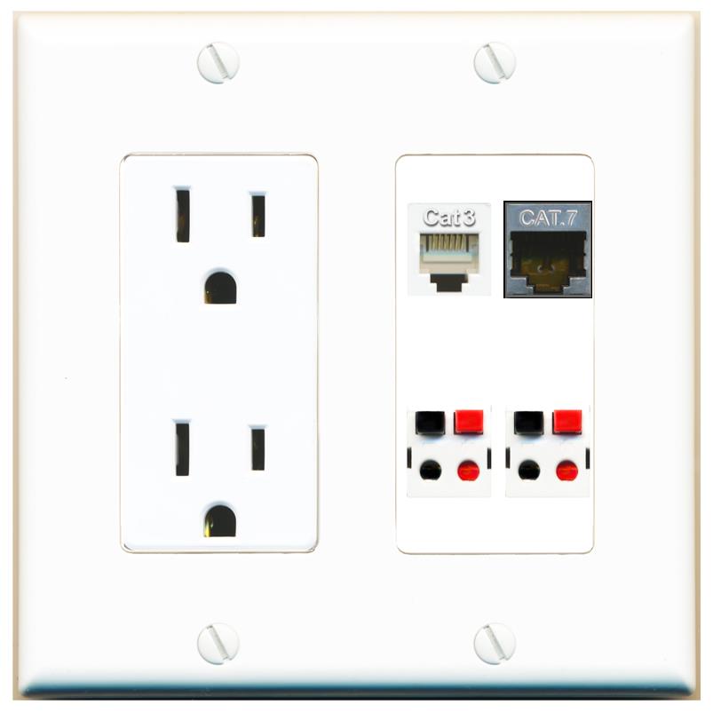 RiteAV CAT7 PHONE 2 SPEAKER Wall Plate with 15A Power Outlet [White]