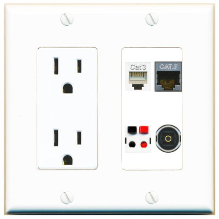 RiteAV CAT7 PHONE SPEAKER TOSLINK Wall Plate with 15A Power Outlet [White]