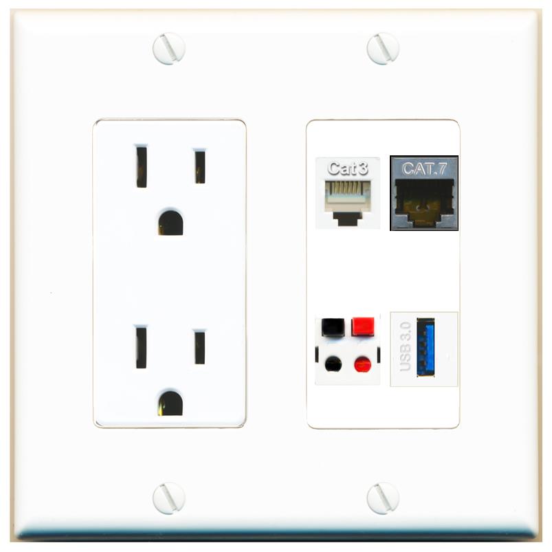 RiteAV CAT7 PHONE SPEAKER USB-3 Wall Plate with 15A Power Outlet [White]