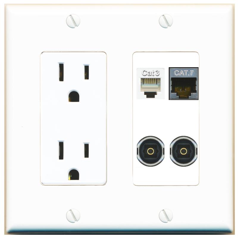 RiteAV CAT7 PHONE 2 TOSLINK Wall Plate with 15A Power Outlet [White]