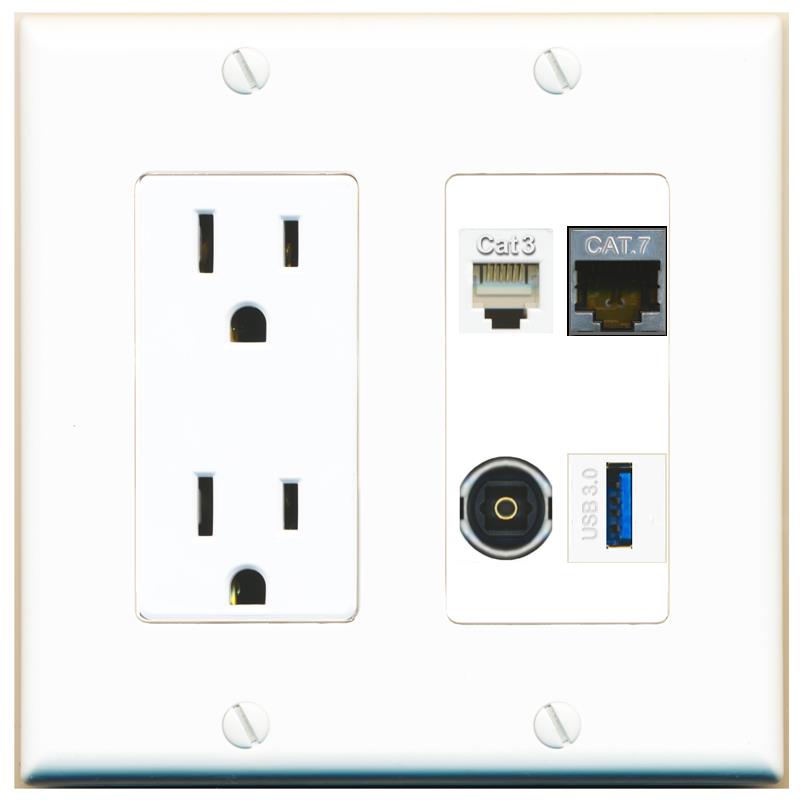 RiteAV CAT7 PHONE TOSLINK USB-3 Wall Plate with 15A Power Outlet [White]