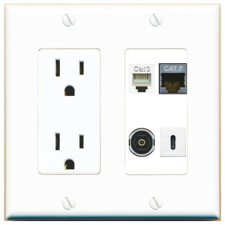 RiteAV CAT7 PHONE TOSLINK USBC Wall Plate with 15A Power Outlet [White]