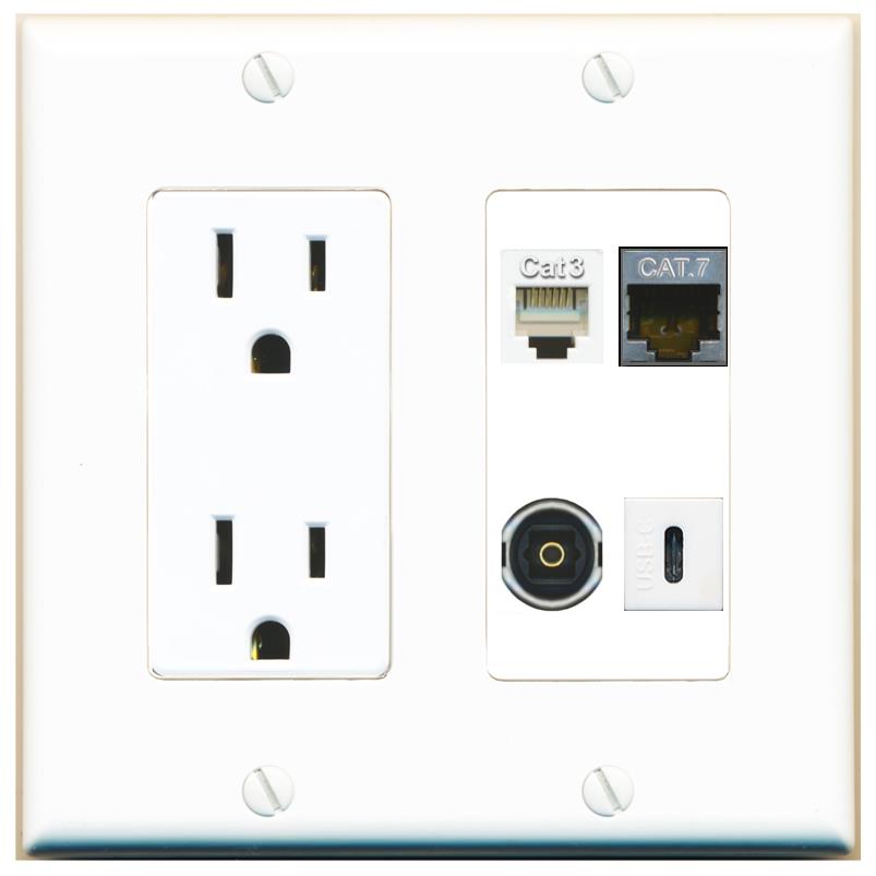 RiteAV CAT7 PHONE TOSLINK USBC Wall Plate with 15A Power Outlet [White]