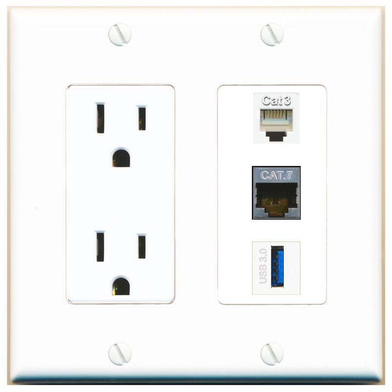 1 CAT7 1 PHONE 1 USB-3 Wall Plate [White]
