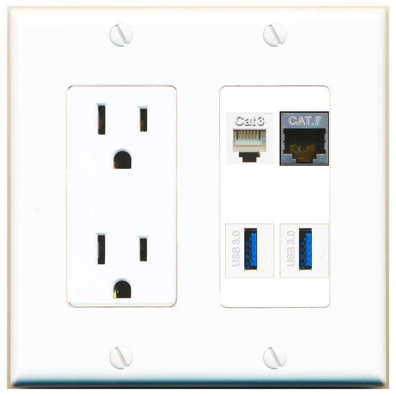 RiteAV CAT7 PHONE 2 USB-3 Wall Plate with 15A Power Outlet [White]
