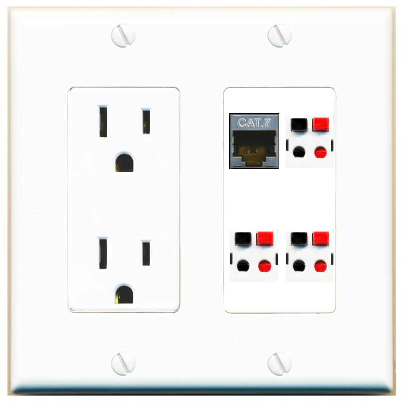 RiteAV CAT7 3 SPEAKER Wall Plate with 15A Power Outlet [White]