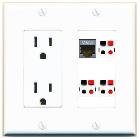 RiteAV CAT7 3 SPEAKER Wall Plate with 15A Power Outlet [White]