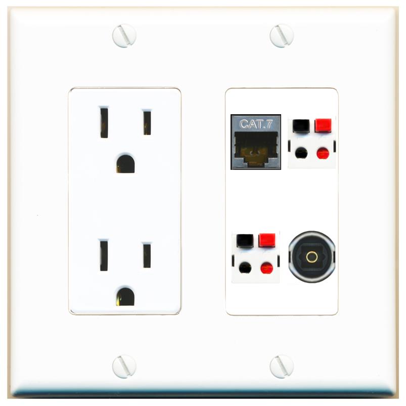 RiteAV CAT7 2 SPEAKER TOSLINK Wall Plate with 15A Power Outlet [White]