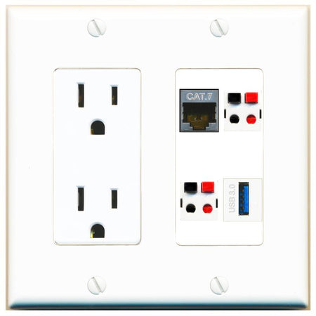 RiteAV CAT7 2 SPEAKER USB-3 Wall Plate with 15A Power Outlet [White]