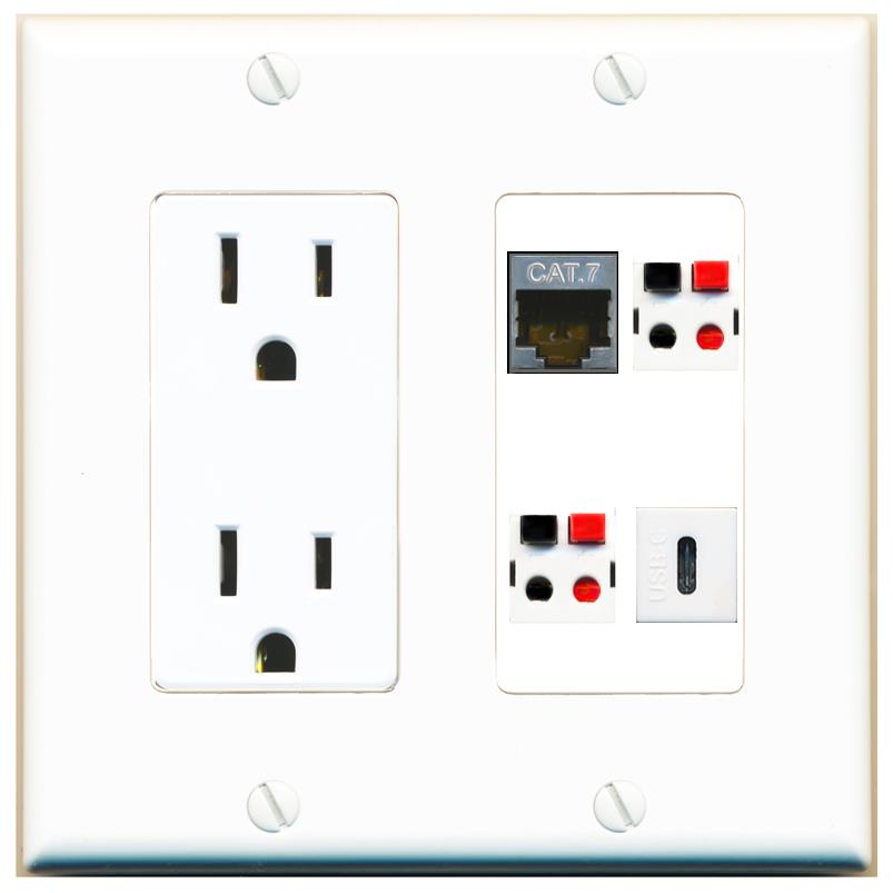 RiteAV CAT7 2 SPEAKER USBC Wall Plate with 15A Power Outlet [White]
