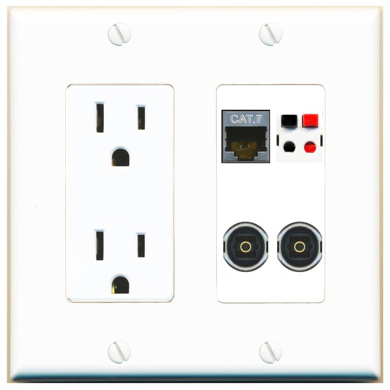 RiteAV CAT7 SPEAKER 2 TOSLINK Wall Plate with 15A Power Outlet [White]