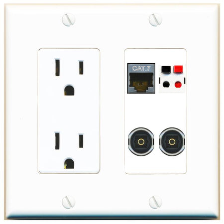RiteAV CAT7 SPEAKER 2 TOSLINK Wall Plate with 15A Power Outlet [White]