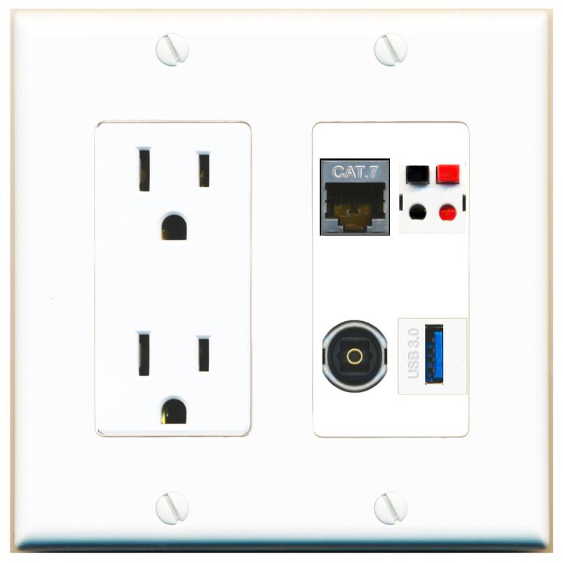 RiteAV CAT7 SPEAKER TOSLINK USB-3 Wall Plate with 15A Power Outlet [White]