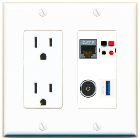 RiteAV CAT7 SPEAKER TOSLINK USB-3 Wall Plate with 15A Power Outlet [White]