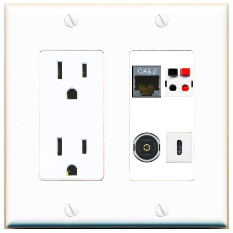 RiteAV CAT7 SPEAKER TOSLINK USBC Wall Plate with 15A Power Outlet [White]