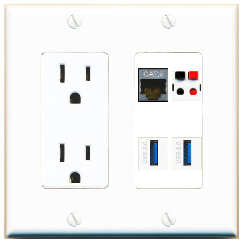 RiteAV CAT7 SPEAKER 2 USB-3 Wall Plate with 15A Power Outlet [White]