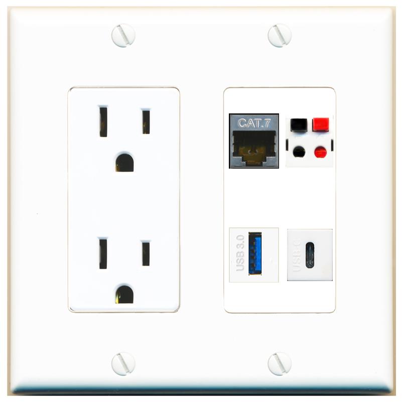 RiteAV CAT7 SPEAKER USB-3 USBC Wall Plate with 15A Power Outlet [White]