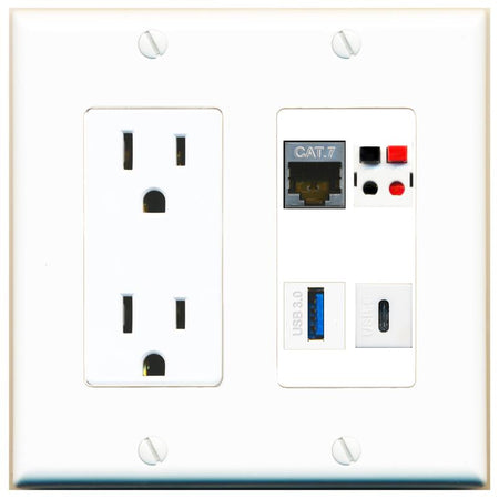RiteAV CAT7 SPEAKER USB-3 USBC Wall Plate with 15A Power Outlet [White]