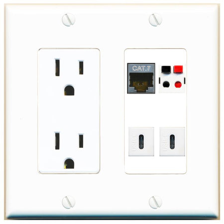 RiteAV CAT7 SPEAKER 2 USBC Wall Plate with 15A Power Outlet [White]