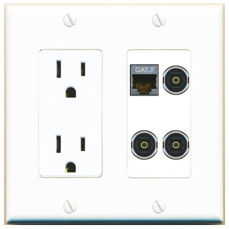 RiteAV CAT7 3 TOSLINK Wall Plate with 15A Power Outlet [White]