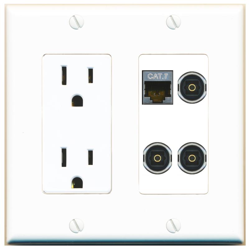 RiteAV CAT7 3 TOSLINK Wall Plate with 15A Power Outlet [White]