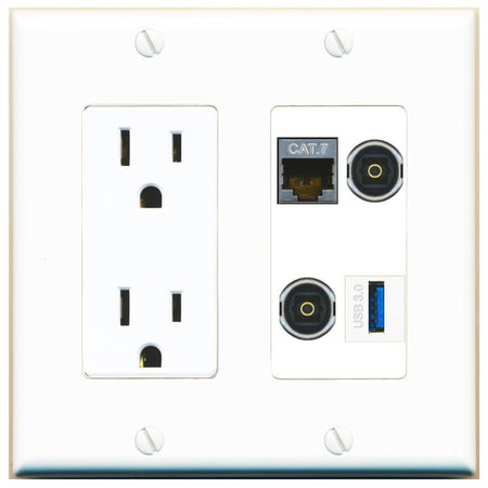 RiteAV CAT7 2 TOSLINK USB-3 Wall Plate with 15A Power Outlet [White]