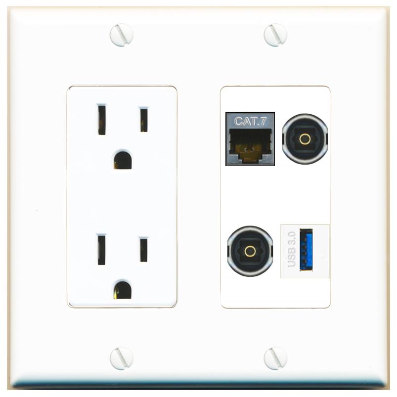 RiteAV CAT7 2 TOSLINK USB-3 Wall Plate with 15A Power Outlet [White]