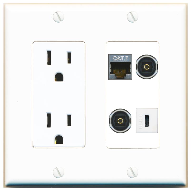 RiteAV CAT7 2 TOSLINK USBC Wall Plate with 15A Power Outlet [White]