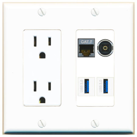 RiteAV CAT7 TOSLINK 2 USB-3 Wall Plate with 15A Power Outlet [White]