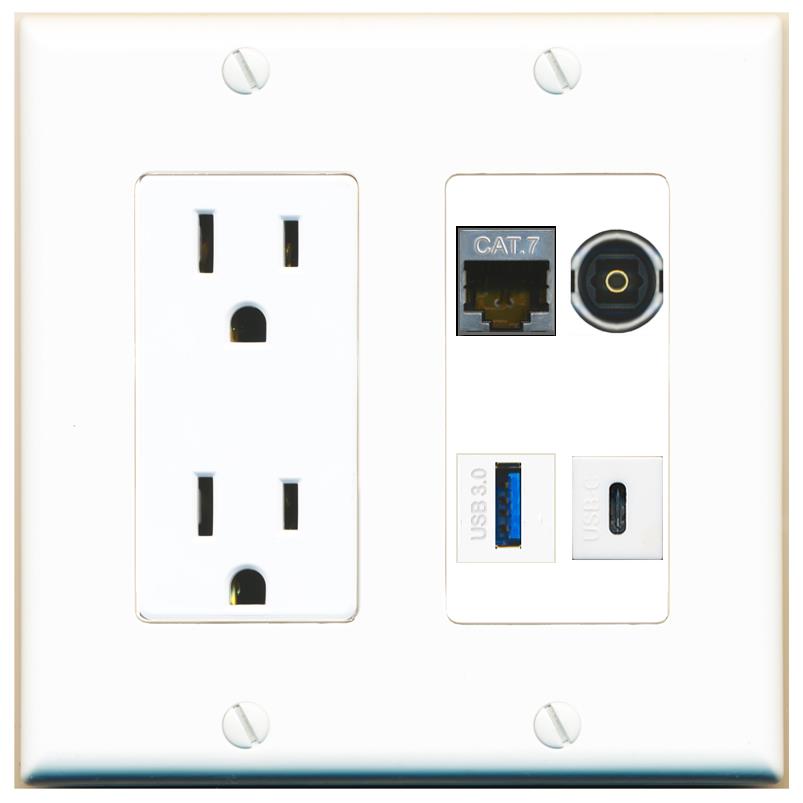RiteAV CAT7 TOSLINK USB-3 USBC Wall Plate with 15A Power Outlet [White]