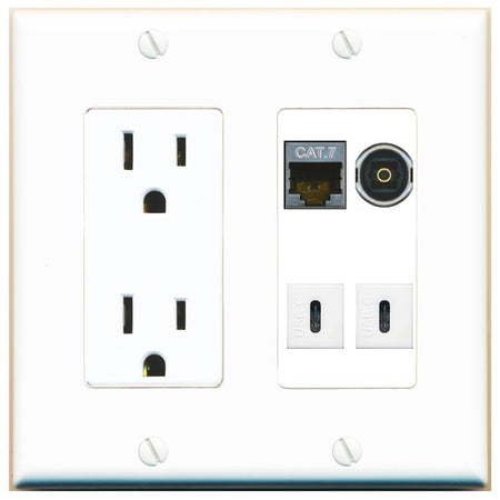 RiteAV CAT7 TOSLINK 2 USBC Wall Plate with 15A Power Outlet [White]