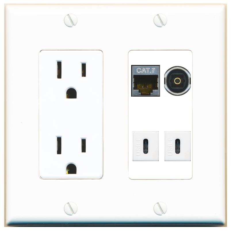 RiteAV CAT7 TOSLINK 2 USBC Wall Plate with 15A Power Outlet [White]