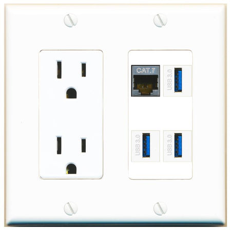 RiteAV CAT7 3 USB-3 Wall Plate with 15A Power Outlet [White]