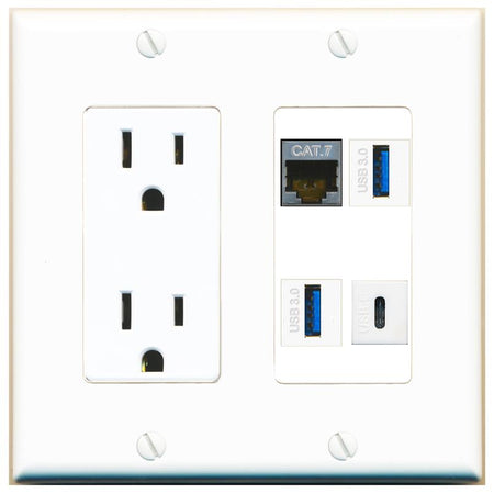 RiteAV CAT7 2 USB-3 USBC Wall Plate with 15A Power Outlet [White]
