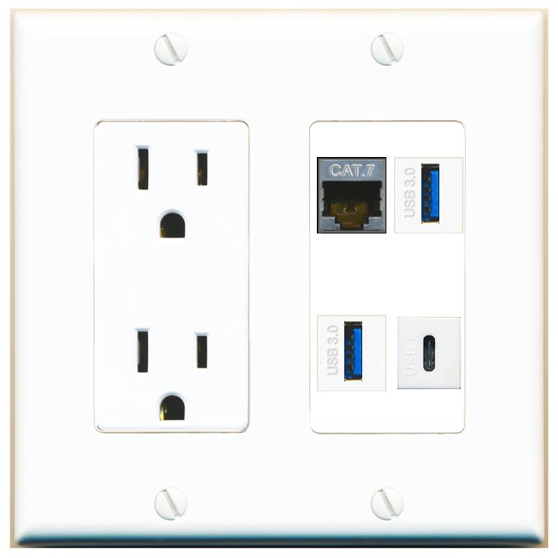 RiteAV CAT7 2 USB-3 USBC Wall Plate with 15A Power Outlet [White]