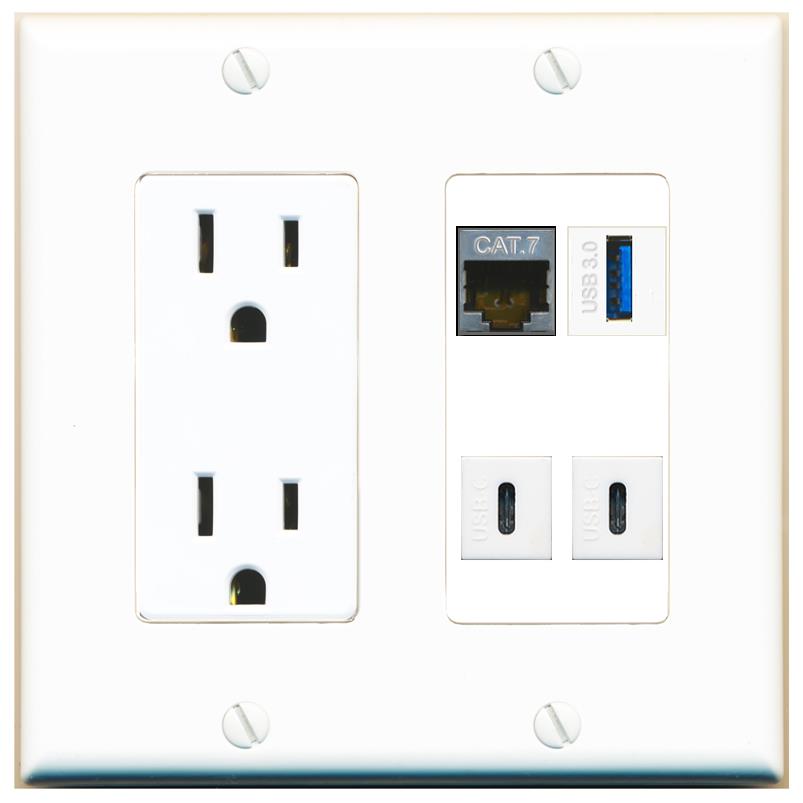 RiteAV CAT7 USB-3 2 USBC Wall Plate with 15A Power Outlet [White]