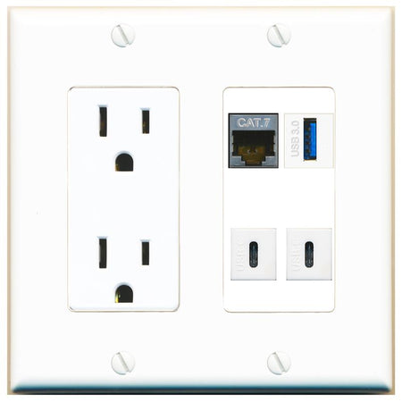 RiteAV CAT7 USB-3 2 USBC Wall Plate with 15A Power Outlet [White]