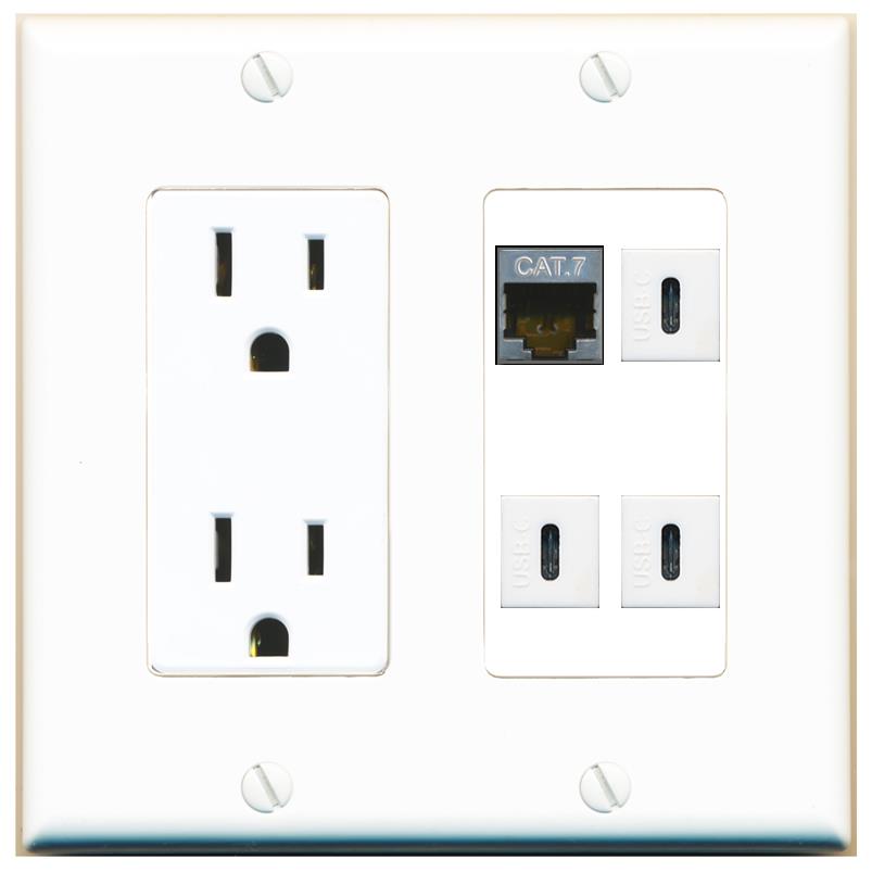 RiteAV CAT7 3 USBC Wall Plate with 15A Power Outlet [White]