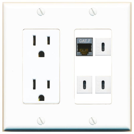 RiteAV CAT7 3 USBC Wall Plate with 15A Power Outlet [White]