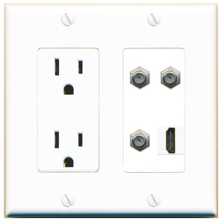 RiteAV 3 COAX HDMI Wall Plate with 15A Power Outlet [White]
