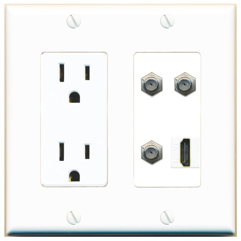 RiteAV 3 COAX HDMI Wall Plate with 15A Power Outlet [White]
