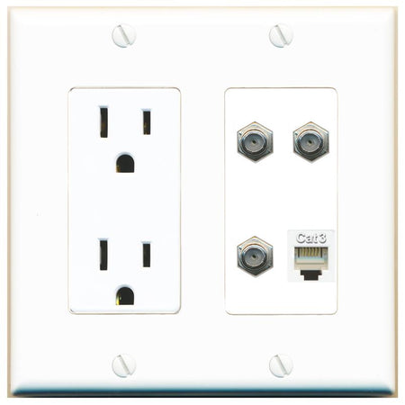 RiteAV 3 COAX PHONE Wall Plate with 15A Power Outlet [White]